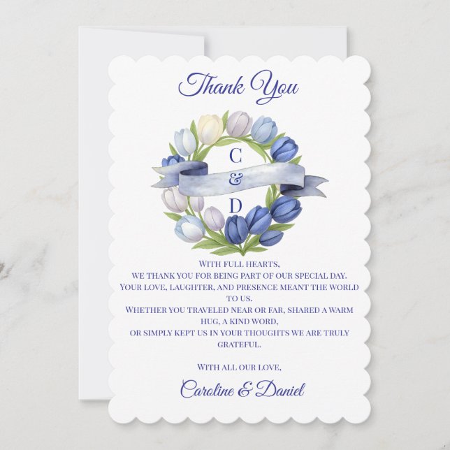 Carte De Remerciements Elégante aquarelle Tulipe Mariage de couronne bleu (Devant)