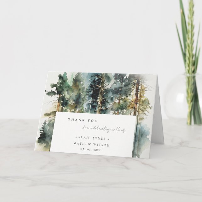 Carte De Remerciements Elégante aquarelle verte Mariage forestier (Devant)