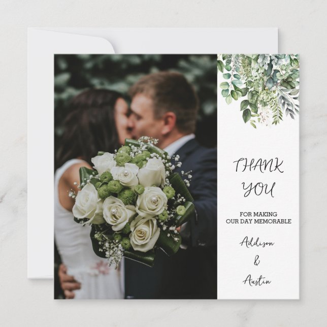 Carte De Remerciements Elégante aquarelle verte Photo Mariage plat (Devant)