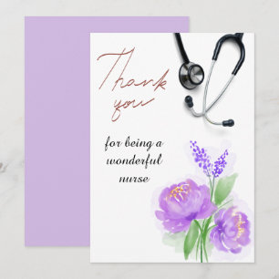 Carte De Remerciements Elégante aquarelle violet floral Stethoscope Infir