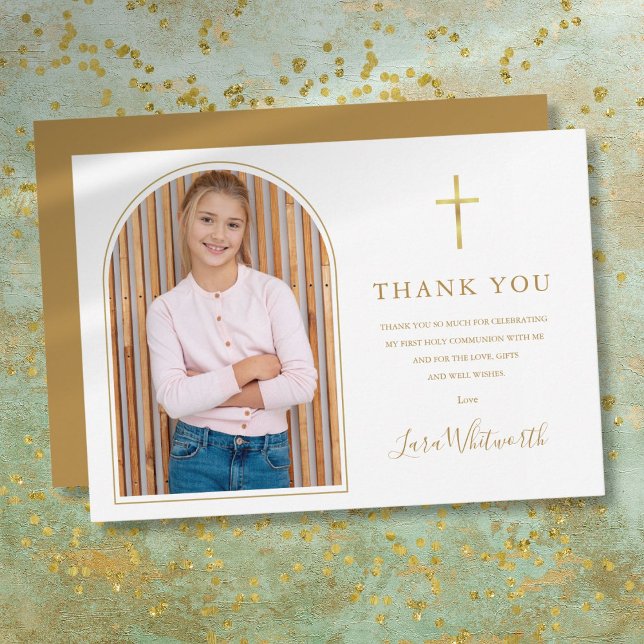 Carte De Remerciements Élégante Arche d'or Première communion sainte (Elegant Gold Arch First Holy Communion Thank You Card)