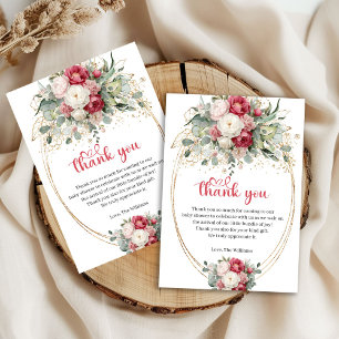 Carte De Remerciements Élégante Baby Shower Burgundy Blanc Or Floral