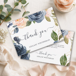 Carte De Remerciements Élégante Baby Shower Fleurs Aquarelle Bleu Marine