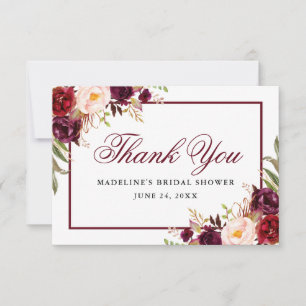 Carte De Remerciements Élégante Baby Shower Florale Bourgogne