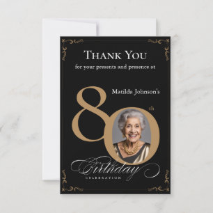 Carte De Remerciements Elégante Black Gold Photo 80e fête d'anniversaire