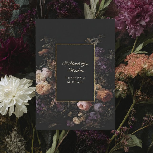 Carte De Remerciements Élégante Black Romantique Fleurs Mariage foncé (Créateur téléchargé)