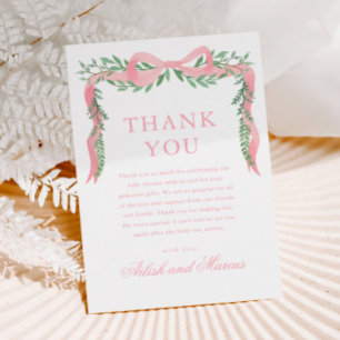 Carte De Remerciements Elégante Bow rose avec Baby shower Garçon verdoyan