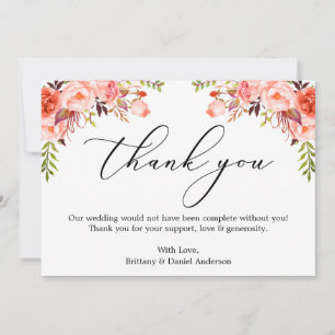 Carte De Remerciements Élégante calligraphie Aquarelle Corail Floral