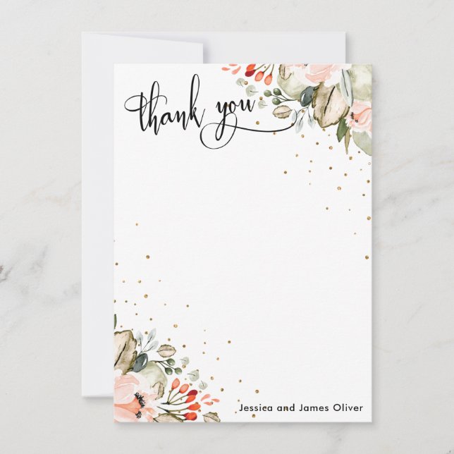 Carte De Remerciements Élégante calligraphie Aquarelle Fleurs & Confetti (Devant)