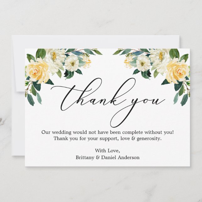 Carte De Remerciements Élégante calligraphie Aquarelle Jaune Blanc Floral (Devant)