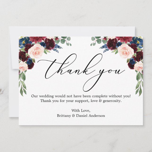 Carte De Remerciements Élégante calligraphie aquarelle Mariage floral (Devant)