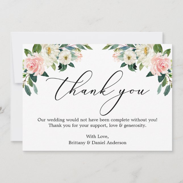 Carte De Remerciements Élégante calligraphie Aquarelle rose blanc floral (Devant)