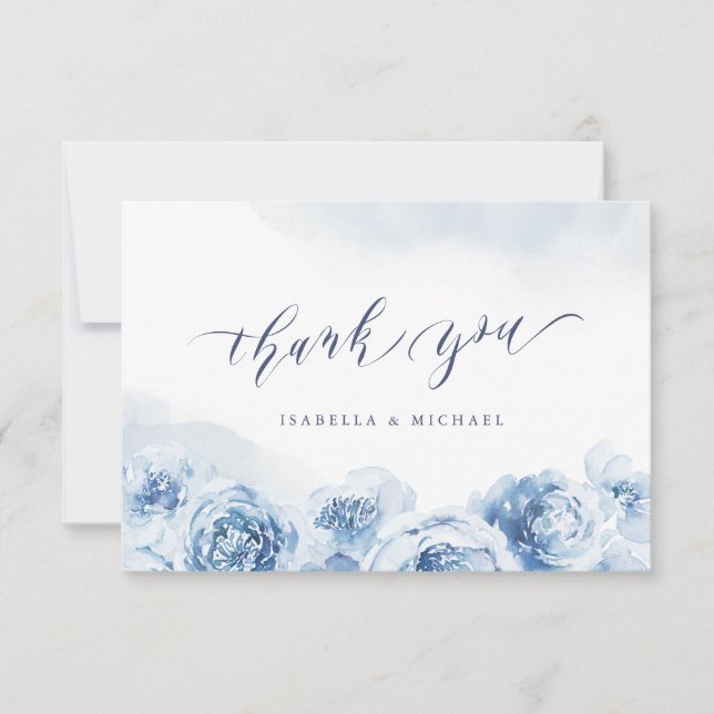 Carte De Remerciements Élégante calligraphie mariage floral bleu poussiér (Devant)