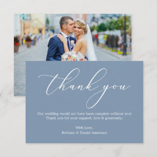Carte De Remerciements Élégante calligraphie Mariage Photo Dusty Blue
