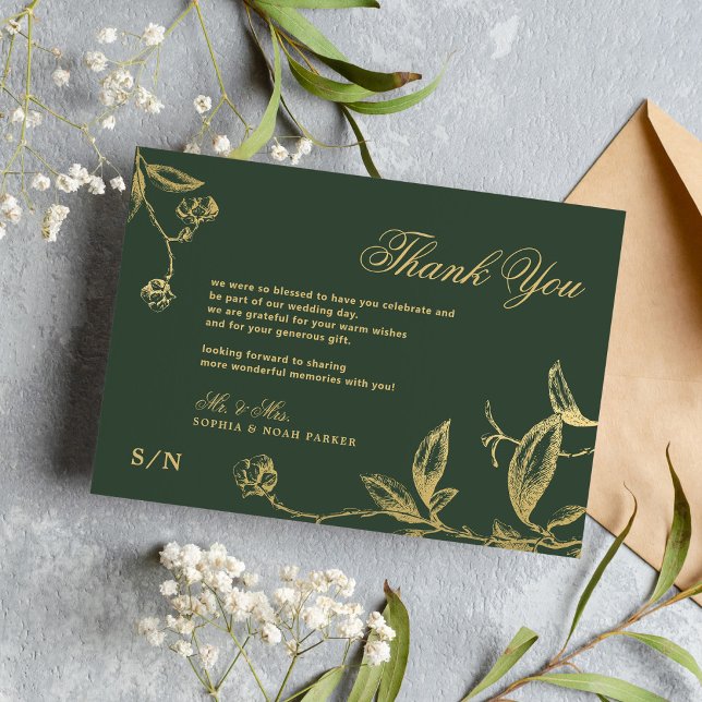 Carte De Remerciements Élégante calligraphie or mariage vert floral (Créateur téléchargé)