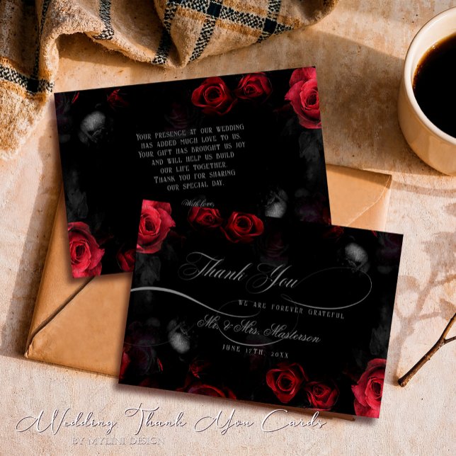 Carte De Remerciements Élégante calligraphie rouge noir Mariage floral (Créateur téléchargé)