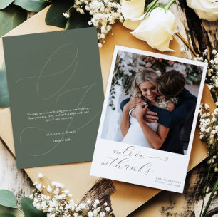 Carte De Remerciements Élégante calligraphie Sage Green Heart Photo Maria