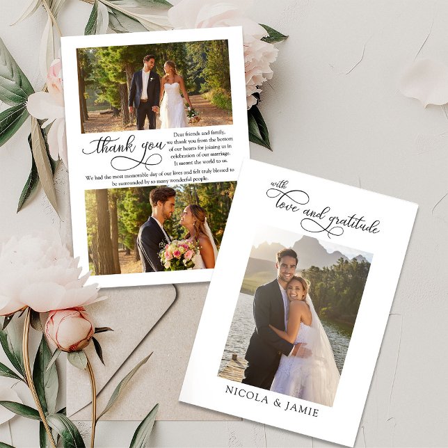 Carte De Remerciements Élégante calligraphie Simple moderne 3 Mariage Pho (Love and Gratitude Wedding Photo Thank You Card with elegant modern calligraphy and 3 photos)