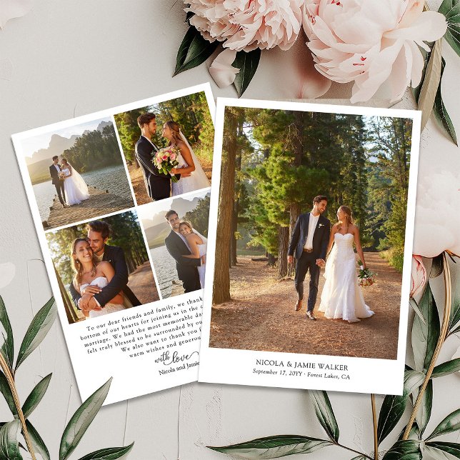 Carte De Remerciements Élégante calligraphie Simple moderne 5 Mariage Pho (Wedding Photo Thank You Card with elegant modern calligraphy and 5 photos)