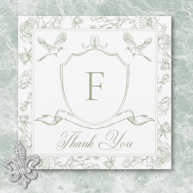 Carte De Remerciements Élégante Chinoiserie verte Mariage d'oiseaux et de (Elegant Green Chinoiserie Bird & Crest Wedding Thank You Card)