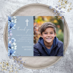 Carte De Remerciements Élégante confirmation photo florale bleu poussiére