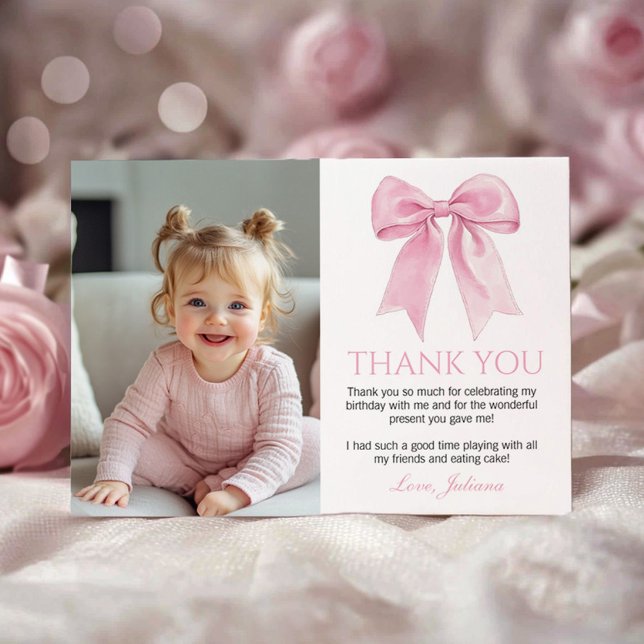 Carte De Remerciements Élégante Coquette Bow Rose Photo Anniversaire (Créateur téléchargé)