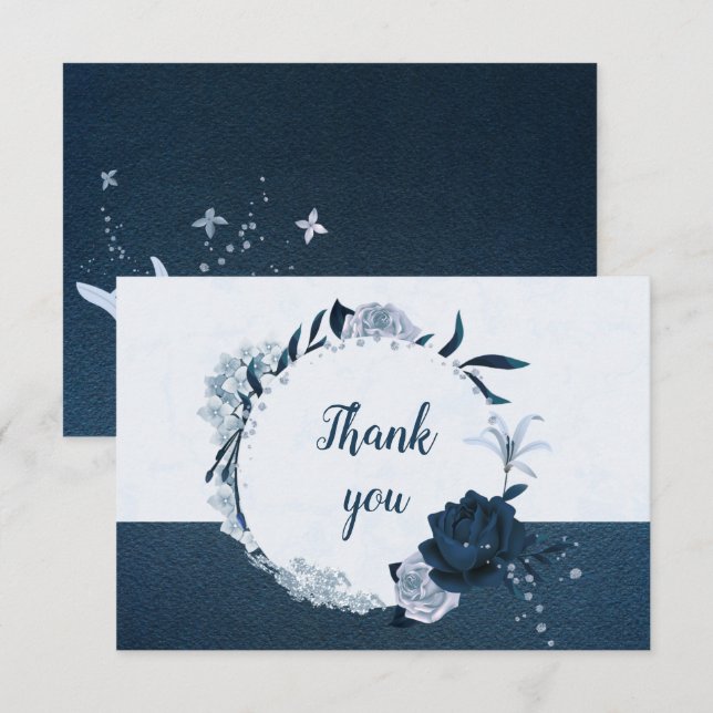 Carte De Remerciements élégante couronne marine et fleurs bleues poussiér (Devant / Derrière)