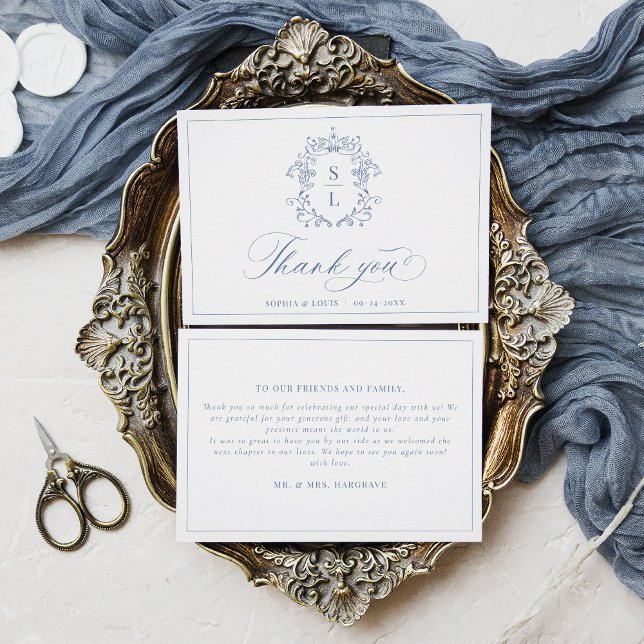 Carte De Remerciements Élégante crête baroque Monogramme Mariage bleu (Créateur téléchargé)