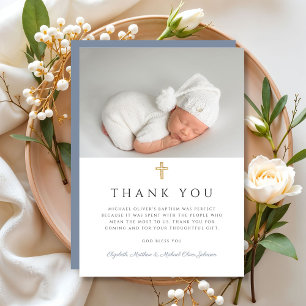 Carte De Remerciements Elégante Croix Bleue Dusty Boy Baptism Photo