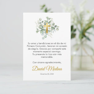 Carte De Remerciements Elégante Croix d'or avec Feuilles vert Aquarelle