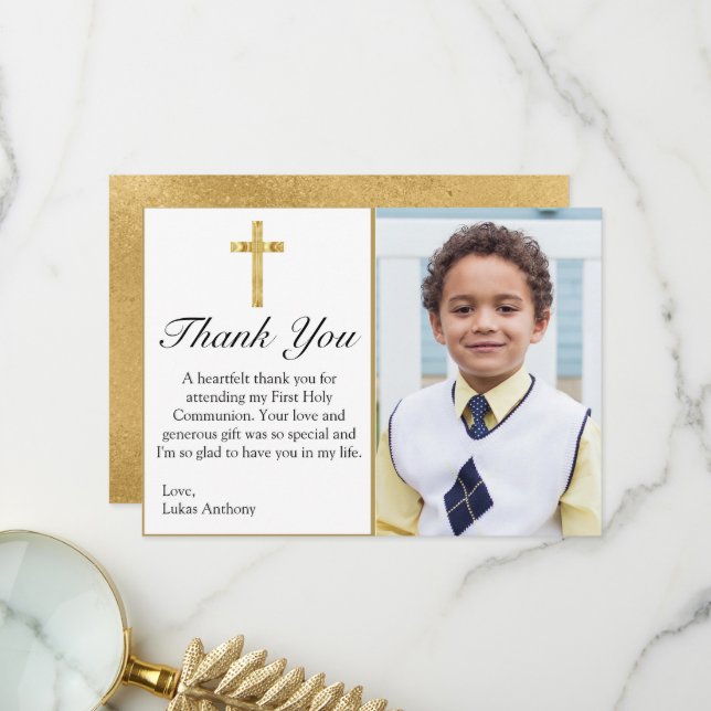 Carte De Remerciements Élégante Croix d'or simple Première communion sain (Devant/Arrière en situation)
