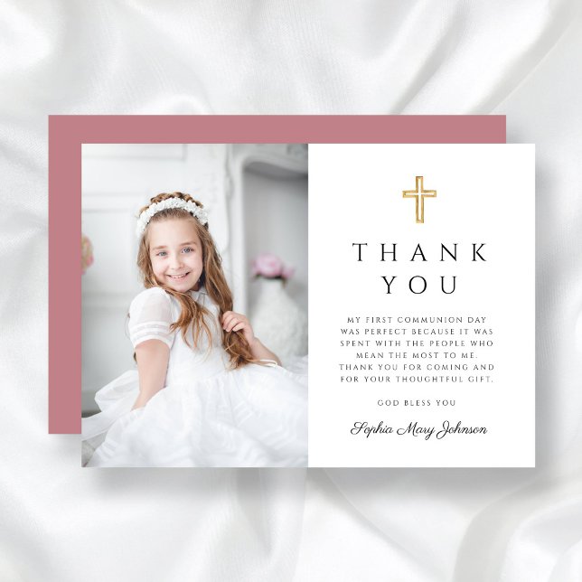 Carte De Remerciements Elégante Croix rose fille photo première communion (Elegant Pink Cross Girl Photo First Communion Thank You Card)