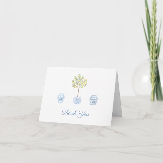 Carte De Remerciements Elegante dame arbre citron bleu blanc personnalisé (Devant)