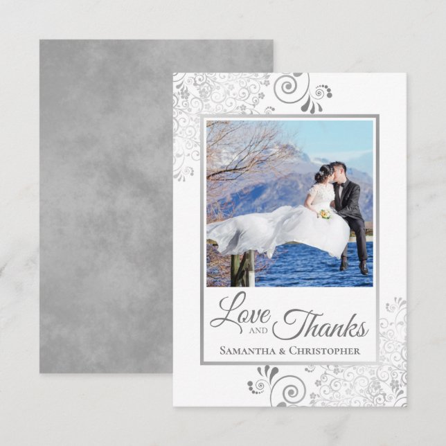 Carte De Remerciements Élégante dentelle d'argent sur le Mariage d'amour  (Devant / Derrière)