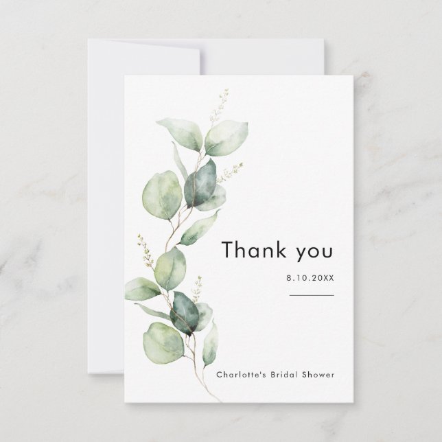 Carte De Remerciements Élégante douche de mariée à la verdure d'eucalyptu (Devant)
