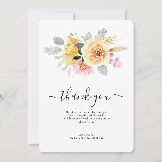 Carte De Remerciements Élégante douche de mariée florale aquarelle (Devant)