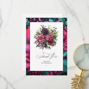 Carte De Remerciements Élégante Félicité Florale Fuchsia et Émeraude