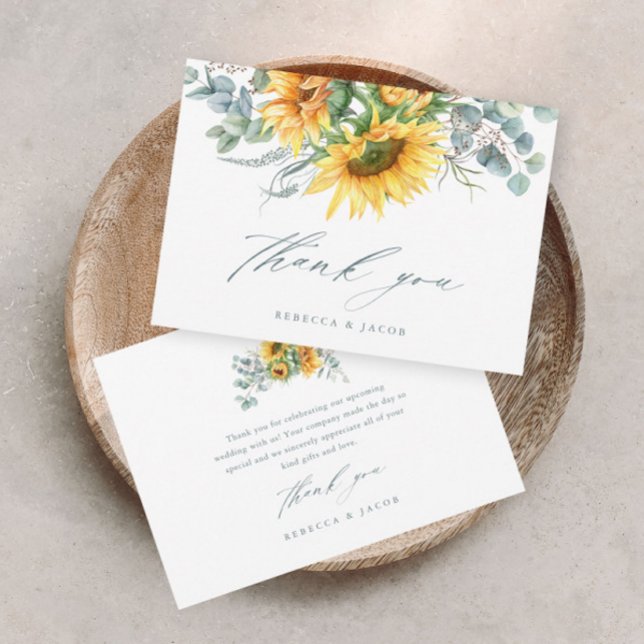 Carte De Remerciements Élégante Fête de Mariage Champêtre au Tournesol (Elegant rustic sunflower eucalyptus wedding bridal shower thank you card.)