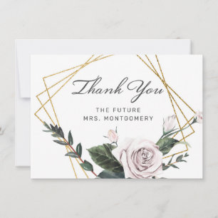 Carte De Remerciements Elégante Fête des mariées florale à cadre rose or 