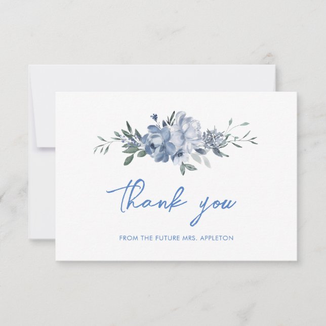 Carte De Remerciements Elégante Fête des mariées Florale Dusty Blue (Devant)