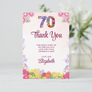 Carte De Remerciements Elégante Fête Florale 70e Anniversaire / 70 Ans