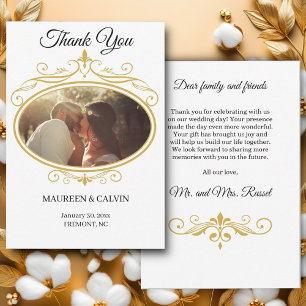 Carte De Remerciements Elégante Filigree or sur blanc, Mariage