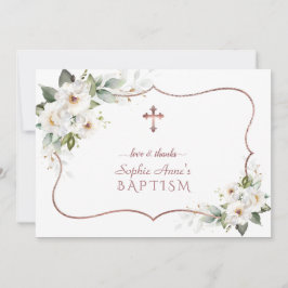 Carte De Remerciements Elégante Fleurs Blanches Rose Gold Frame Baptême