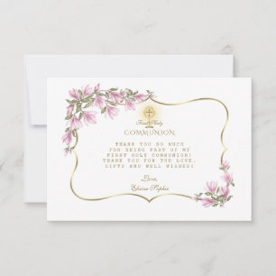 Carte De Remerciements Elégante Fleurs Magnolia Or Première Communion Sai