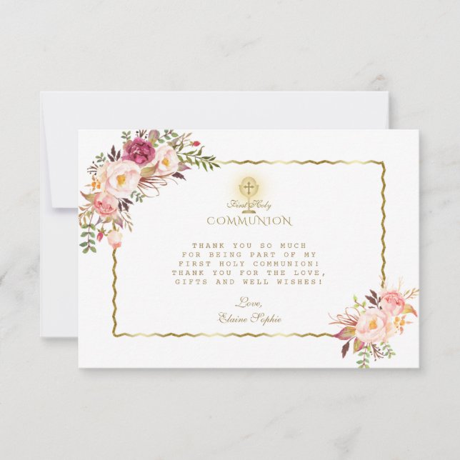 Carte De Remerciements Élégante Fleurs rouges roses Or Première Sainte Co (Devant)