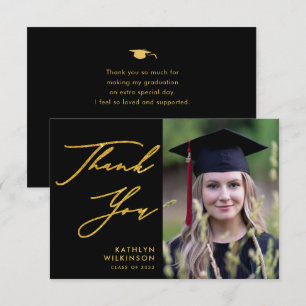 Carte De Remerciements Élégante Gold Calligraphie Noir Simple Graduation