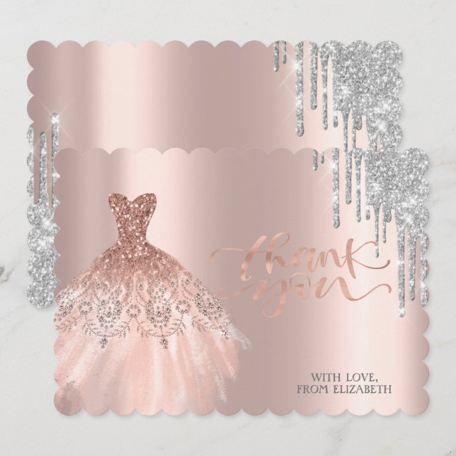 Carte De Remerciements Élégante gouttes d'argent Robe Rose Or (Devant / Derrière)