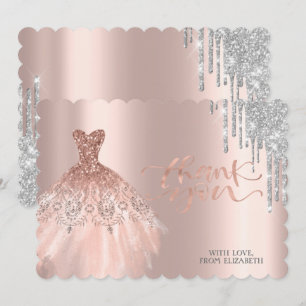 Carte De Remerciements Élégante gouttes d'argent Robe Rose Or
