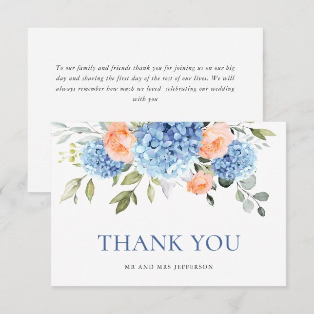 Carte De Remerciements Elégante Hydrangée Bleue Roses Roses Roses Roses R (Devant / Derrière)