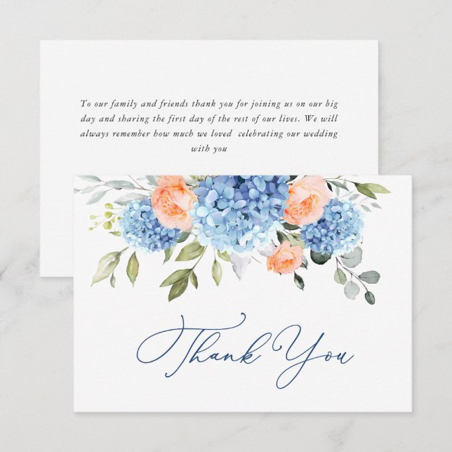 Carte De Remerciements Elégante Hydrangée Bleue Roses Roses Roses Roses R (Devant / Derrière)